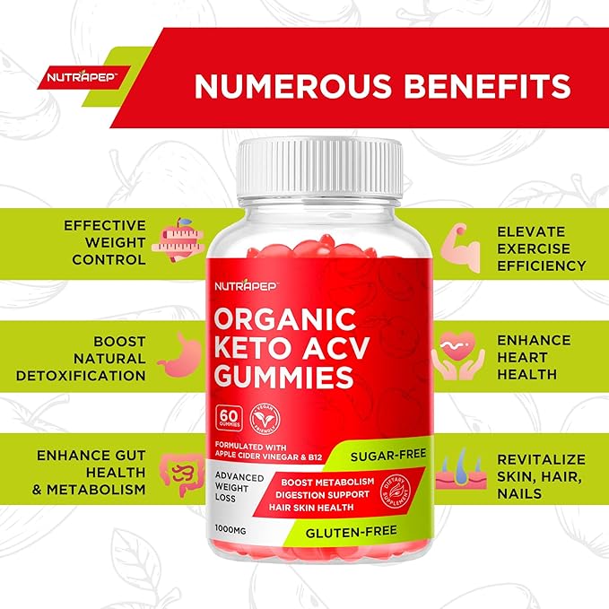 Organic Keto ACV Gummies - Gluten-Free & Sugar-Free Apple Cider Vinegar Supplement for Women Men (1000MG)