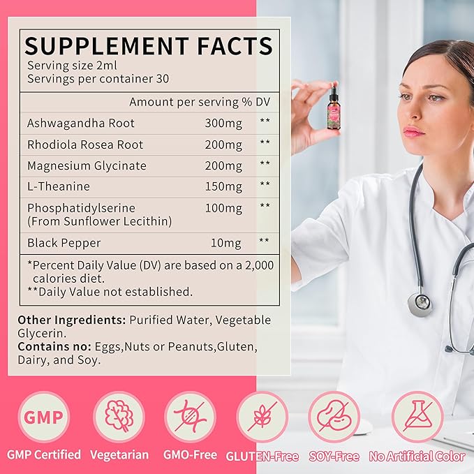 Cortisol Supplements for Women Liquid Drops,Cortisol Manager with Ashwagandha,L-theanine,Phosphatidylserine,Rhodiola Rosea for Mood Support,Adrenal Balance,Sleep,Vegan,Natural Flavor,2 Fl Oz