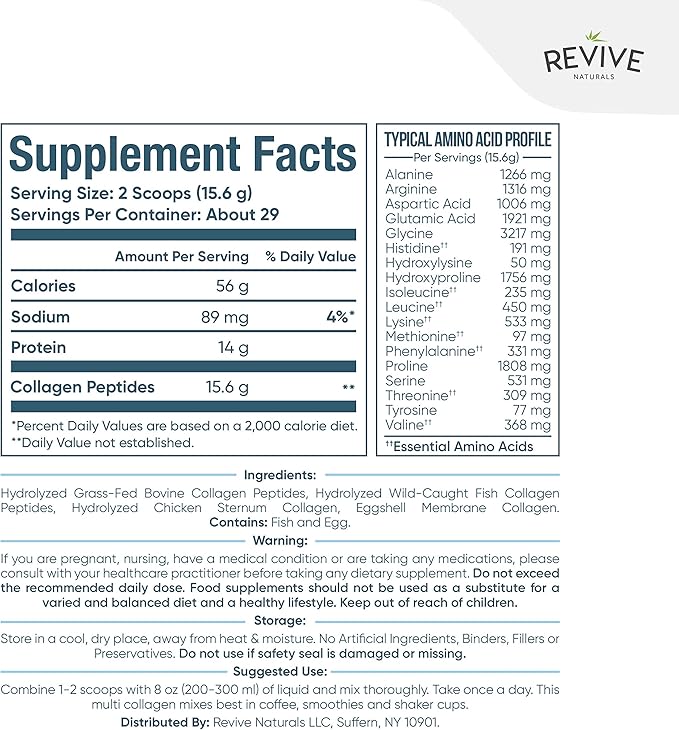 Revive Naturals Multi Collagen Hydrolyzed Protein Powder (16oz) - Types I, II, III, V & X - Grass Fed Bovine, Wild Caught Marine, Free Roaming Chicken & Eggshell Collagen Peptides,