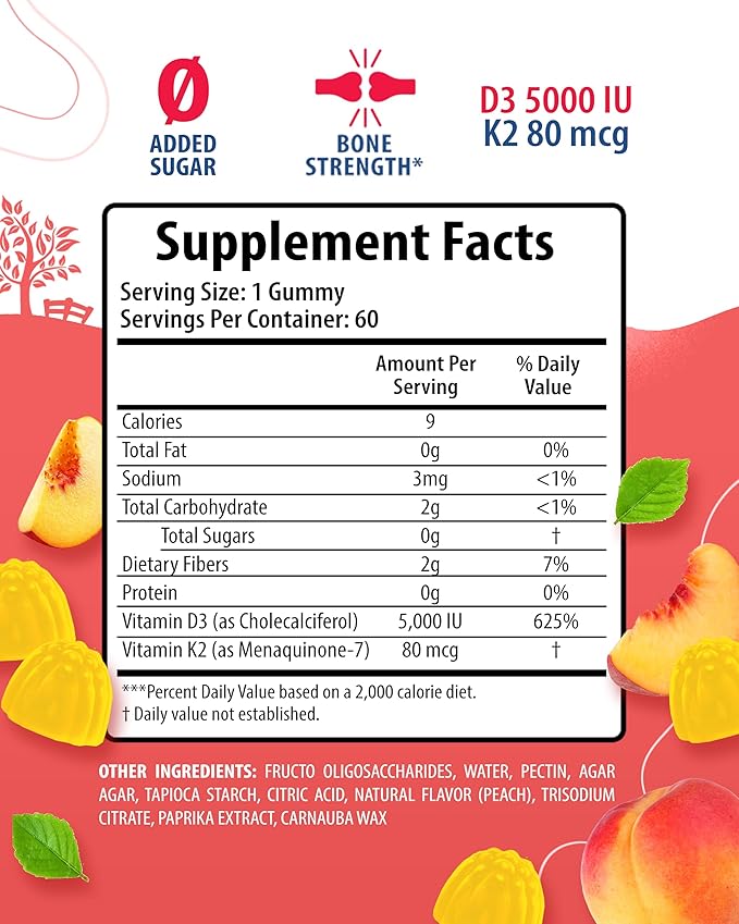 Vitamin D3 K2 Gummies 5000 IU - Immune & Bone Support & Magnesium Gummies for Kids & Adults - 200mg