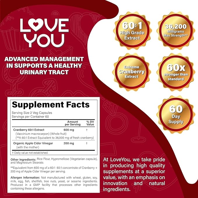 Love You Cranberry 60:1 Extract + Organic Apple Cider Vinegar – Max Strength 36,200 mg Equivalent – 120 Vegan Capsules – Urinary Tract & Digestive Support
