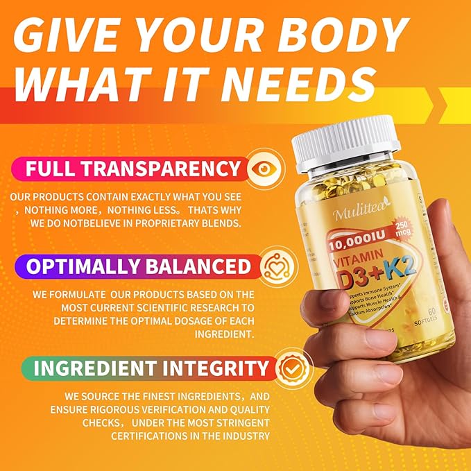3 in 1 Vitamin D3 K2 Softgels with Natural MCT, 10000 IU - Vitamin D Plus MK-7 200mcg, No Fillers, Non-GMO for Immune Support, Bone & Heart Health, Plant-Based Ultimate Absorption, 1 Months Supply