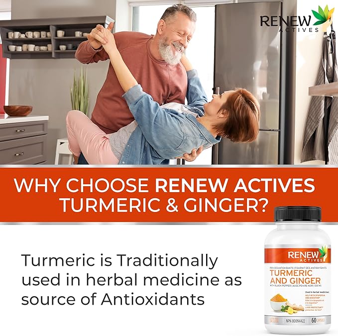Renew Actives Turmeric Curcumin 1000MG & 200MG Ginger per 2 Capsules - Potent Antioxidant with Bioperine & Black Pepper Blend for Digestive & Liver Health - Made in Canada - 60 Capsules
