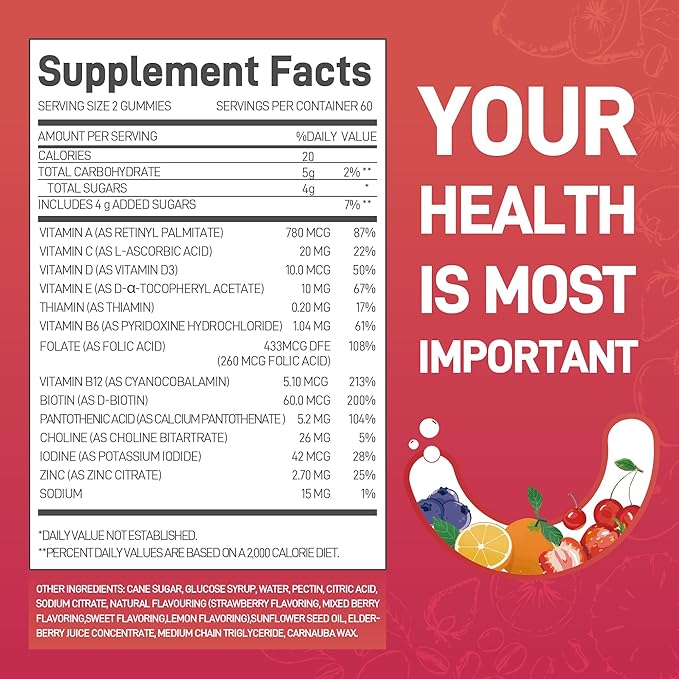 Multivitamin Gummies for Women & Men - 13 Vitamins & Minerals (A, C, D, E, Biotin, Folic Acid, Zinc), Vegan Friendly, Support Immune Health, Mixed Berry Flavor, 120 MultiVites Gummies, 60 Day Supply