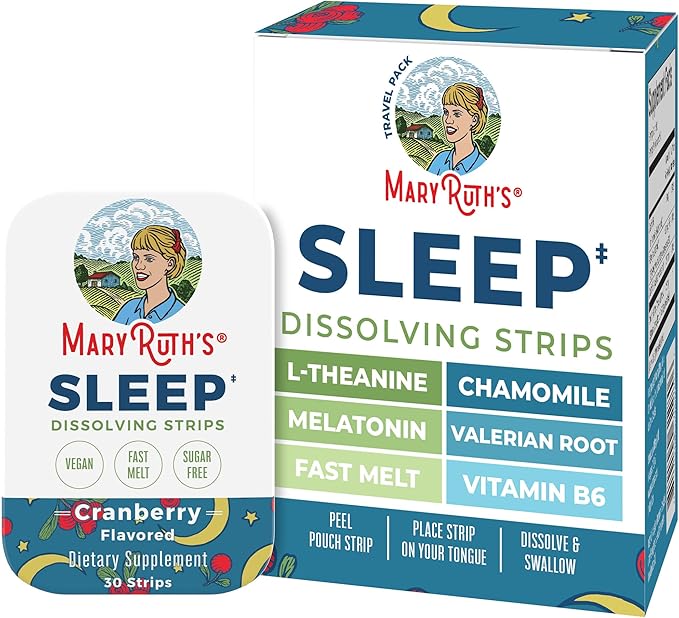 Sleep Dissolving Strips by MaryRuth's | L Theanine | Chamomile Flower | Melatonin 5mg | Valerian Root | Vitamin B6 | Sugar Free | Cranberry Flavor | Vegan | Gluten Free | Dairy Free | 30 Count