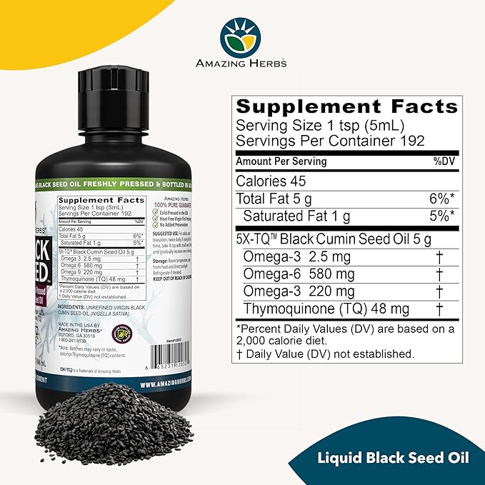 Amazing Herbs Premium Black Seed Oil - Cold Pressed Nigella Sativa Aids in Digestive Health, Immune Support, Brain Function, Joint Mobility, Gluten Free, Non GMO - 32 Fl Oz