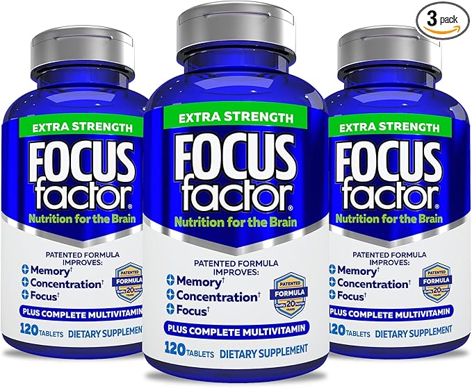 Focus Factor Adults Extra Strength, 120 Count- Brain Supplement for Memory, Concentration, Focus- DMAE, Vitamin D, DHA- Brain Health Supplement – Trusted Formula- Brain Vitamins, Focus Pills (3 Pack)