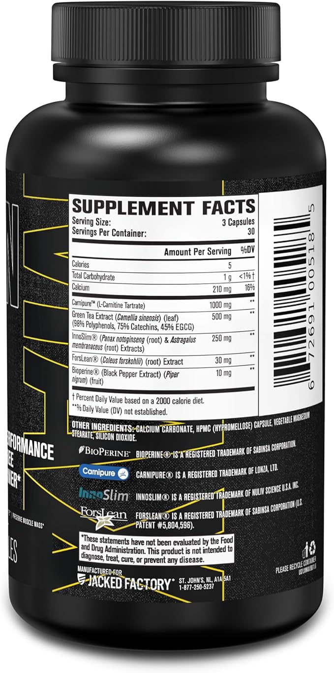 Jacked Factory Lean-XT Max - High-Performance Stim-Free Fat Burner with Carnipure, Green Tea Extract, InnoSlim, & ForsLean for Increased Metabolism, Weight Loss, & Appetite Suppression - 90 Count