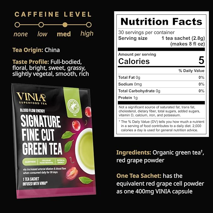VINIA Signature Green Tea Bags, Made with Organic Green Tea, Infused with Piceid Resveratrol for Heart Health, Nitric Oxide, Physical Energy, Alertness, Blood Flow, Keto, Kosher, Non-GMO. (30)