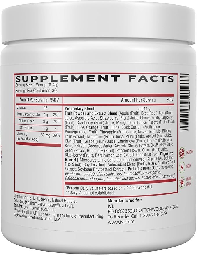 IVL - Phyto Fruits Superfood Powder - Support Energy - Digestive & Probiotic - Antioxidant - Vegan - 40 Fruits and Nutrients Plus 6 Probiotic Strains (30 Servings, 8.88 oz)