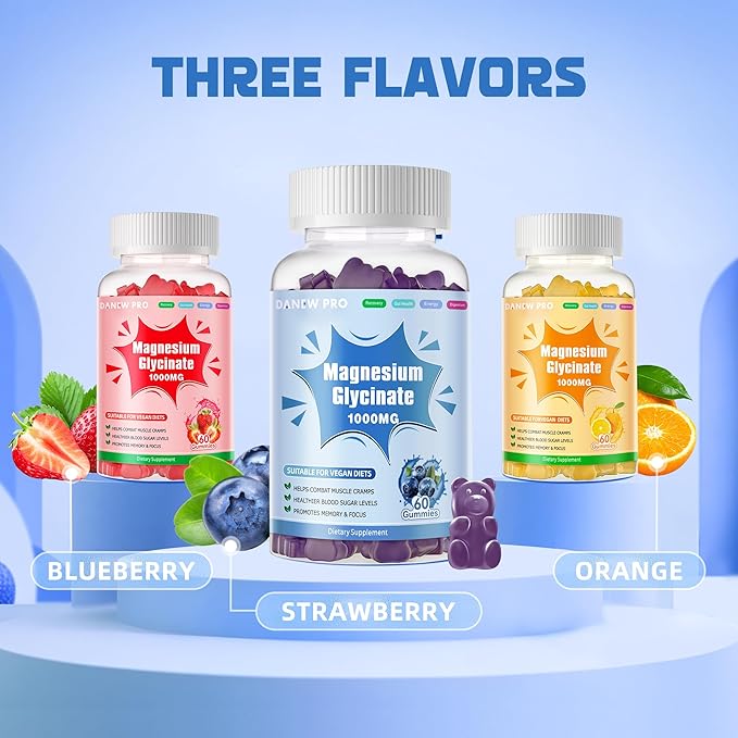Magnesium Glycinate Gummies 1000mg - Sugar Free Magnesium Potassium Supplement with Vitamin D, B6, CoQ10 for Calm Mood & Sleep Support - 60 Blueberry Gummies