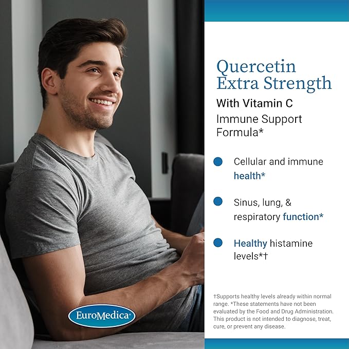Euromedica Quercetin Plus Vitamin C - Supports Healthy Histamine Response & Respiratory Health - Dietary Supplement for Immune Function Support & Cellular Health - 60 Capsules (60 Servings)