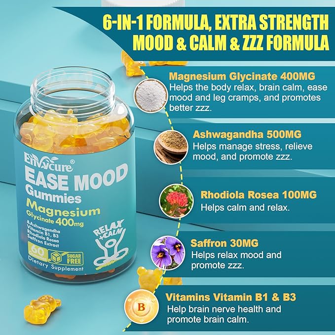 Sugar Free Magnesium Glycinate Gummies 400mg with Ashwagandha, B1, B3, Rhodiola Rosea & Saffron for Support Rest, Mood & Calm Magnesium Gummies for Adults, Chewable Magnesium Supplement, Vegan, 120Ct