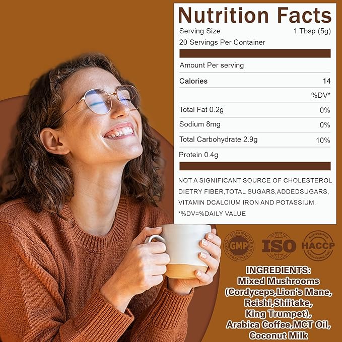 Mushroom Coffee, Instant Mushroom Coffee Mushroom Powder Blend (20 Servings) with Cordyceps, Reishi, Lion's Mane, Shiitake, King Trumpet, Mushroom Supplement for Energy, Focus, Immune Support