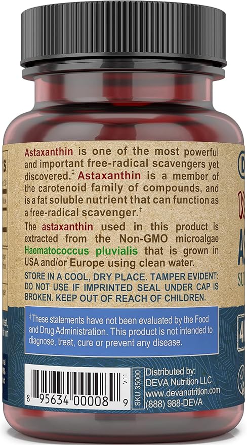 DEVA Nutrition Vitamins Astaxanthin 4mg, Vegan, Super Anti-Oxidant Protection for Skin, Eyes, Joints & Inflammation from Non-GMO Haematococcus Pluvialis Microalgae, 30 Capsules