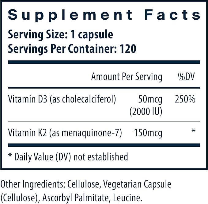 Vital Nutrients Vitamin D3 + K2 | 2000 IU | Vitamin D3 K2 Supplement | Vitamin D Complex for Healthy Calcium Levels, Muscle & Bone Health | Gluten, Dairy, Soy Free | 120 Capsules