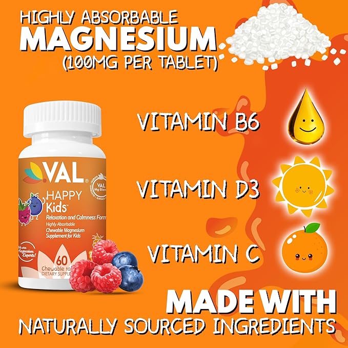 VAL Magnesium for Kids | High-Absorption Magnesium for Calm, Relaxation & Focus | Mg Glycinate, Citrate & Taurate | with Vitamin B6, D & C | Sugar-Free, Non-GMO | 60 Chewable Tablets
