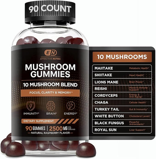 Mushroom Gummies 2500mg | 10 Blend w/Lions Mane, Reishi, Chaga, Cordyceps & More | Focus, Memory, Immunity, Energy | Natural Berry Flavor Supplement | Vegan, Made in USA (90ct)