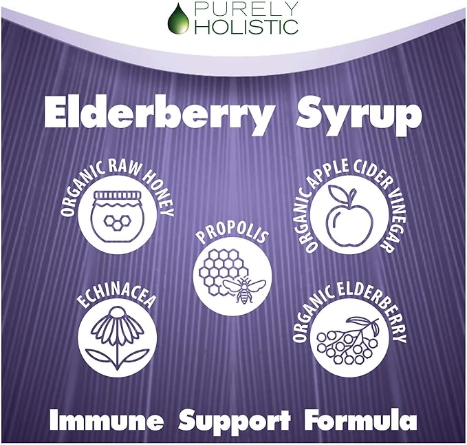 Purely Holistic Organic Elderberry Syrup for Adults & Kids (2+) - 16 fl oz - with Black Sambucus Elderberry, Propolis, Echinacea, Raw Honey & Apple Cider Vinegar - Immune Support and Immune Booster