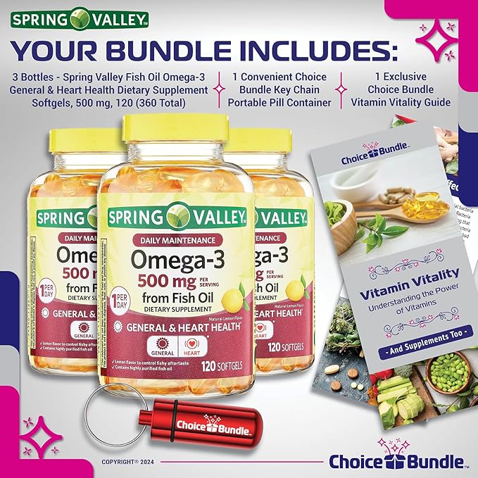 Spring Valley Fish Oil Omega 3 Fatty Acid Supplement Lemon Softgels 500 mg 120 Ct 3 pk (360 Total) + Vitamin Guide and Pill Container (5 Items)!