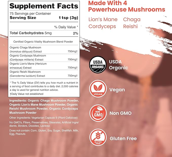 Organic Mushroom Powder Blend - 4-in-1 Reishi, Lion’s Mane, Cordyceps and Chaga Mushroom Supplement Extract Complex, Mushroom Blend Powder for Immune Boost & Brain Support, Add to Coffee, Tea or Water