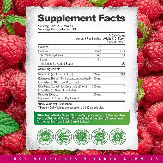 Elderberry Gummies with Vitamin C, Echinacea, Propolis (60 count) - Immune Support for Adults & Kids - Maximum Strength, Great Tasting Raspberry Flavor - Gluten-Free, Vegan - 60 Gummies