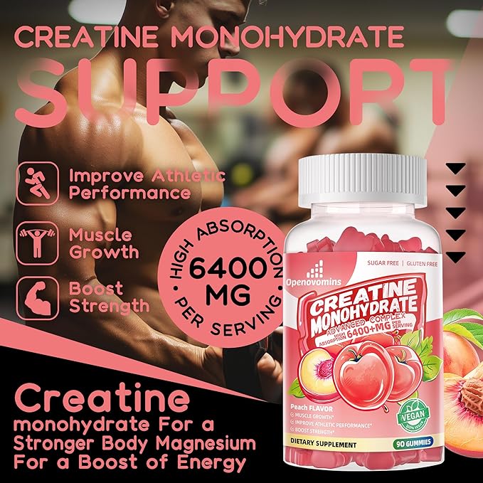 Creatine Monohydrate Gummies Complex for Men & Women -Advanced Formula W/L-Taurine + Vitamin B12, Sugar Free Chewable Supplement,90 Peach Gummies