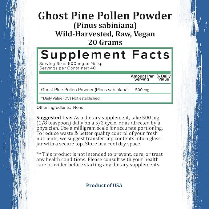 Holistic Bin Organic Pine Pollen Powder Pharmaceutical Grade, Wild Harvested, Golden California Pine Pollen | Non GMO, No Additives | Pure Pollen Supplement Made from The Ghost Pine Tree, 20 g