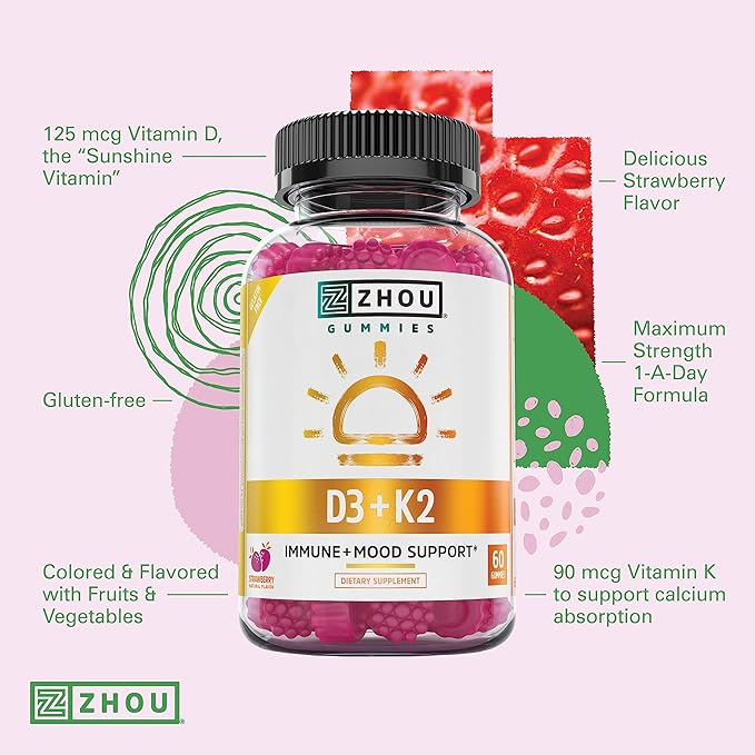 Zhou D3+K2 - Vitamin D3 K2 Supplement for Women & Men, Immune Support Vit D3 and K2 Gummy, Gelatin Free Formula with 5000 IU of D3 and MK-7 - 60 Veggie Gummies (Pack of 1)