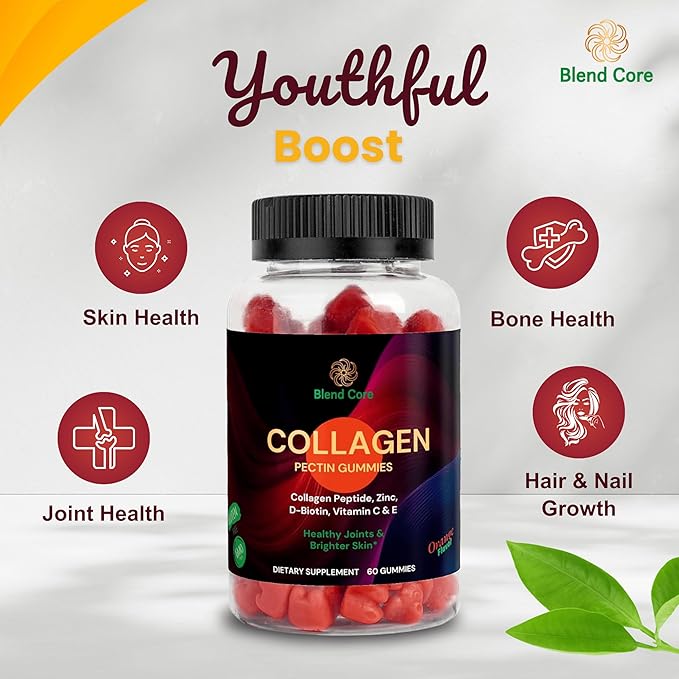 Collagen Gummies for Women & Men with D-Biotin, Vitamin C, E & Zinc - Gluten Free Collagen Peptides, Orange Flavor - Support Skin, Hair & Nail Health - 60 Gummies