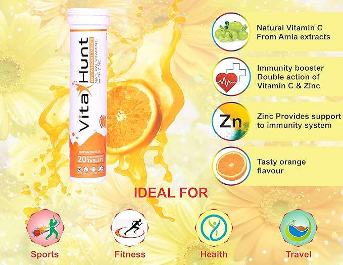 Vitamin C 1000 mg with Zinc- Antioxidants - Immune Support - 20 Effervescent Tablets - Orange Flavour