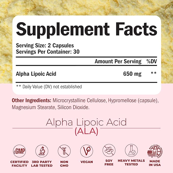 Alpha Lipoic Acid - ALA Nerve Support Supplement 650mg for Inflammation, Energy, Metabolism, Antioxidant & Aging Support. High Potency Alpha-Lipoic Acid - Vegan, Non-GMO. Made in the USA. 60 Capsules