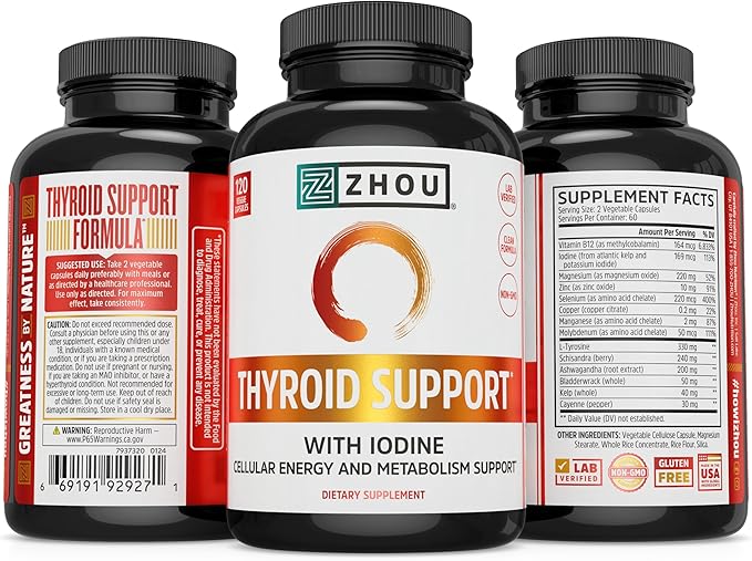 Zhou Thyroid Support - Thyroid Supplement for Women & Men with Zinc, Iodine & Selenium, Metabolic Health Thyroid Complex, Antioxidant Support with Aswagandha & Kelp - 120 Veggie Capsules
