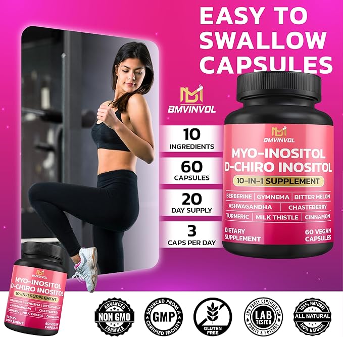 BMVINVOL Inositol Supplement - Myo-Inositol and D-Chiro Inositol Ideal 40:1 Ratio - Plus Berberine, Cinnamon, Ashwagandha + 5 More - 60 Capsules