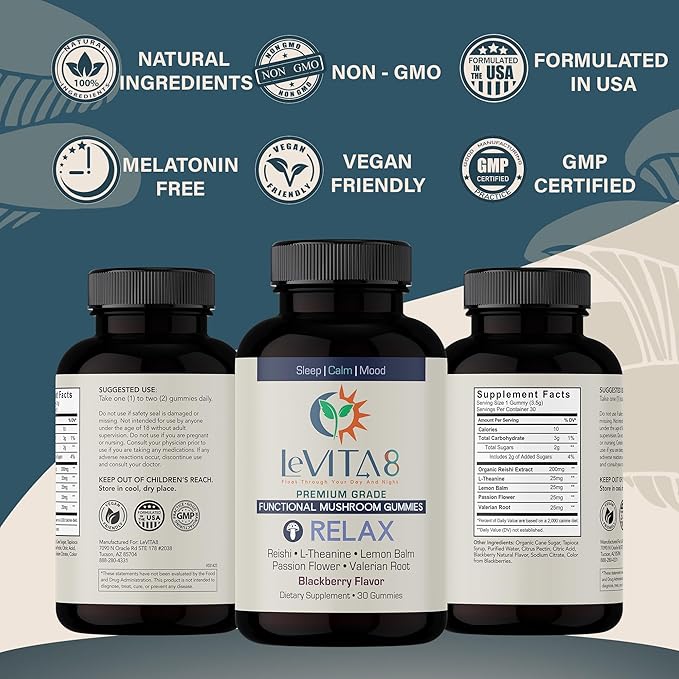 LeVITA8 Premium Reishi Mushroom Sleep Gummies - 100% Natural BlackBerry Flavor - Promotes Calm & Mood Balance for Deep Sleep - 1 Month Supply for Natural Sleep Aid Melatonin-Free