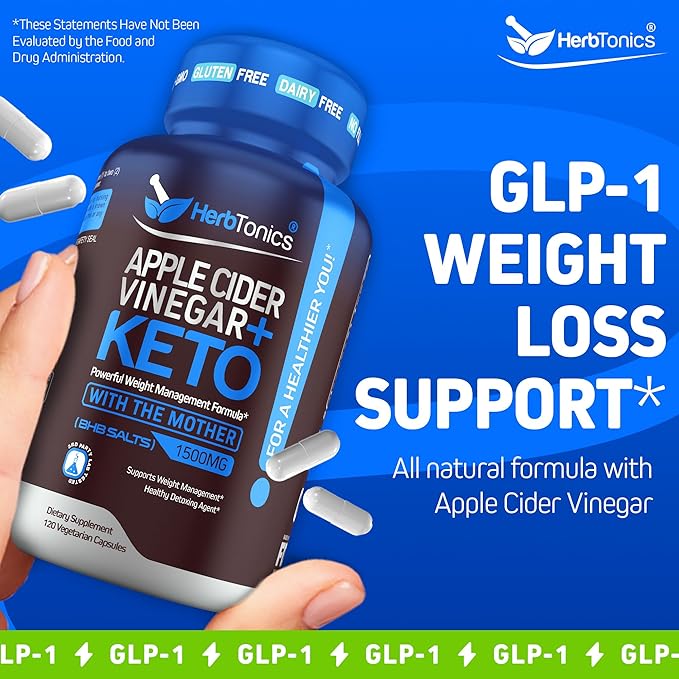 Herbtonics GLP-1 Support Supplement – Apple Cider Vinegar Capsules & Keto BHB | Keto Diet Pills for Women & Men | Supports Appetite & Metabolic Function | 60 Keto ACV Capsules