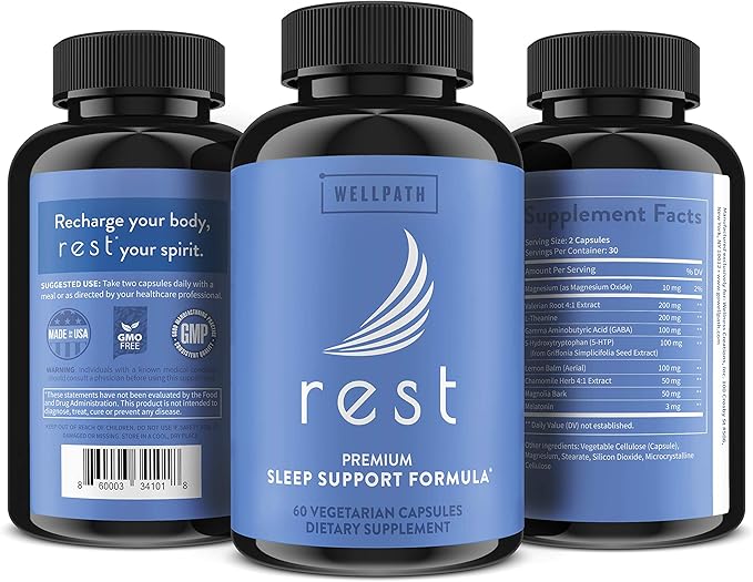 WellPath Rest Valerian Root Sleep Aid for Adults with Melatonin & L-Theanine | Natural & Herbal Sleeping Pills with Extra Strength | | 5-HTP, Lemon Balm, Chamomile, 60 Ct
