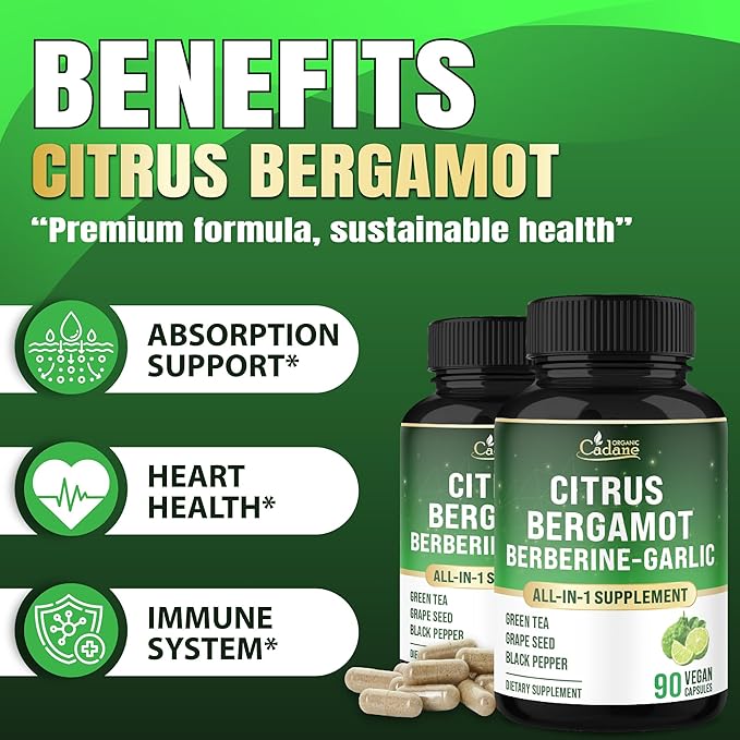 Organic Cadane Citrus Bergamot Supplement with Berberine, Garlic, Green Tea, Grape Seed & Black Pepper | Wellness & Vitality Support | Vegan, Non-GMO – 90 Capsules – 45-Day Supply