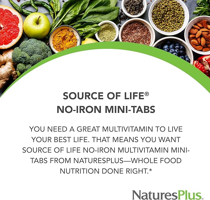 Natures Plus Source of Life No Iron - 180 Mini-Tabs, Pack of 2 - Multi-Vitamin & Mineral Supplement - Supports Natural Energy & Overall Well-Being - Gluten Free, Vegetarian - 60 Total Servings