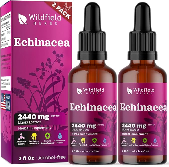 4 oz Liquid Echinacea Extract - Echinacea Root Drops Tincture 2440mg (Echinacea purpurea) Herbal Supplement Absorbs Better Than Capsules, 2 Month Supply, 84 Servings, Alcohol-Free - 2 Oz, Pack of 2