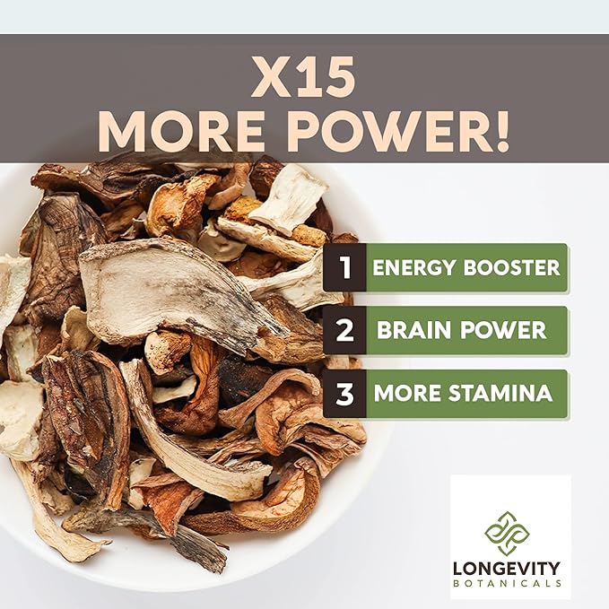 Longevity Botanicals Power 15 Mushroom Blend Extract Powder 100g | Lion’s Mane, Turkey Tail, Reishi, Chaga, Cordyceps, Maitake, Tremella & More | 10:1 Ratio | Complex Mix for Immune & Vitality Support