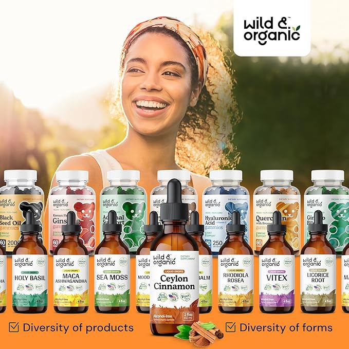 Wild & Organic Ceylon Cinnamon Extract Liquid Drops 500mg - Liquid Cinnamon Supplements for Overall Support - Cinnamomum Verum Bark Tincture - Vegan, Sugar & Alcohol-Free, Non-GMO - 2 fl oz