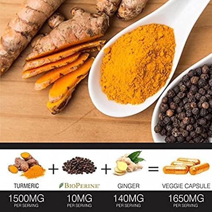 Turmeric Curcumin with BioPerine Black Pepper and Ginger - Made in USA - 120 Vegetarian Capsules for Advanced Absorption, Joints Support