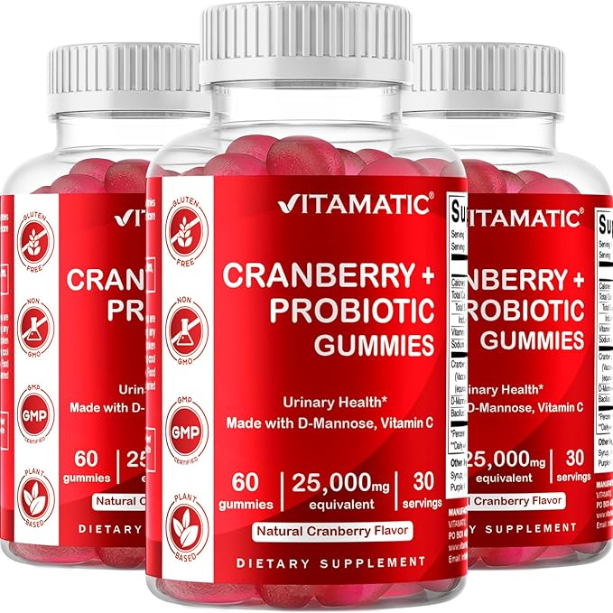 Vitamatic 2 Pack Vegan Cranberry Gummies with D-Mannose, Probiotic & Vitamin C for Women Urinary Tract Health - 25000mg Equivalent Per Serving (from 50:1 Extract 500 mg) - 60 Count