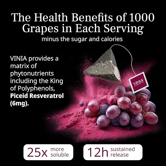 VINIA Signature Green Tea Bags, Made with Organic Green Tea, Infused with Piceid Resveratrol for Heart Health, Nitric Oxide, Physical Energy, Alertness, Blood Flow, Keto, Kosher, Non-GMO. (30)