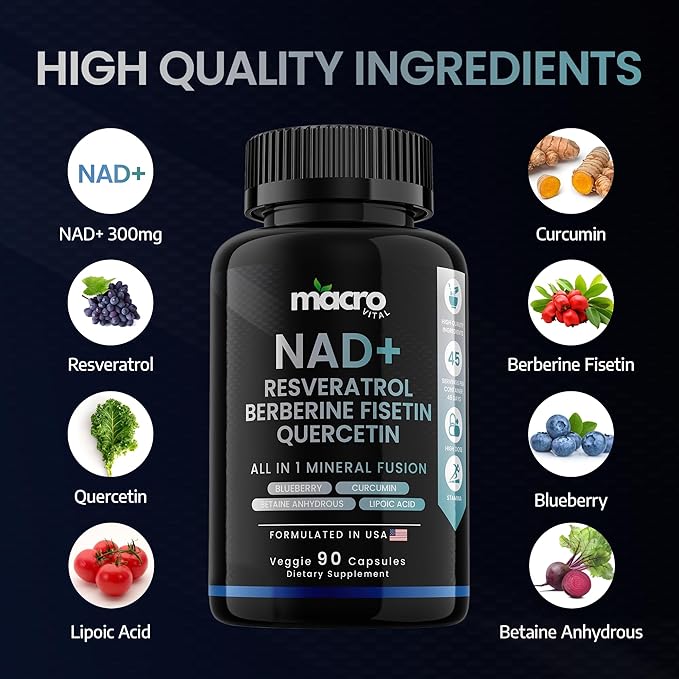 9,355mg NAD Supplement, Boost NAD+ up to 85% with Liposomal NAD+, Trans Resveratrol,Optimized Aging Quercetin, Berberine, Betaine Anhydrous, Fisetin,Resveratrol Supplement with Berberine 90 Capsules.