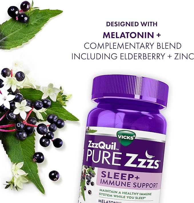 ZzzQuil Pure Zzzs Sleep + Immune Support Melatonin Sleep Aid Gummies with Elderberry, Zinc, Chamomile, Lavender, & Valerian Root, 1mg per Gummy, 60 ct