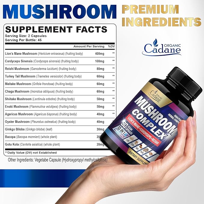 Cadane Mushroom Complex Supplements - 13in1 Concentrated with Lions Mane, Cordyceps Sinensis, Reishi, Turkey Tail Mushroom, Maitake, Chaga, Shiitake, Enoki, Agaricus, Oyster & More - 90 Vegan Capsules