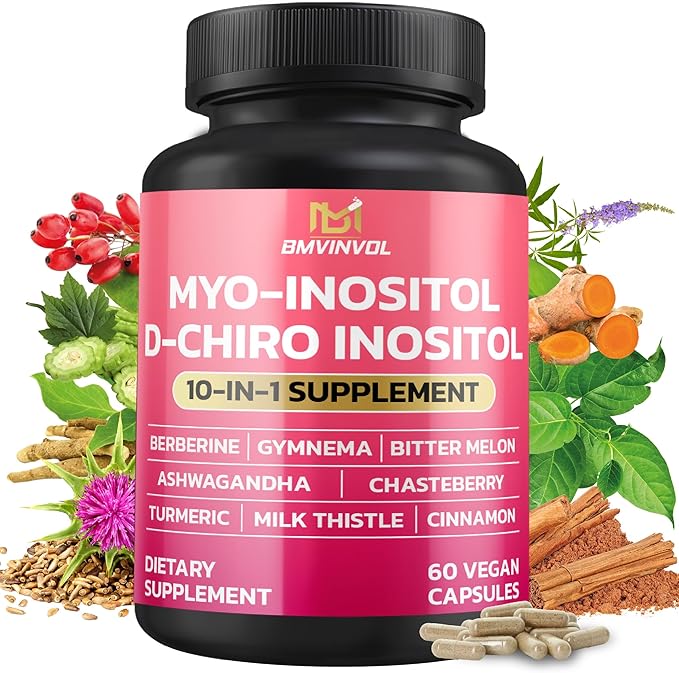 BMVINVOL Inositol Supplement - Myo-Inositol and D-Chiro Inositol Ideal 40:1 Ratio - Plus Berberine, Cinnamon, Ashwagandha + 5 More - 60 Capsules