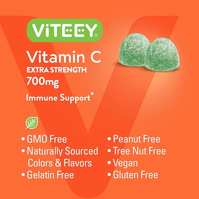 Vitamin C Gummies for Adults & Teens, 700mg Extra Strength - Immune Support Gummies - Immune Booster - Vegan, Gelatin Free, Gluten Free - Tasty Vitamin C Chewable Sour Apple Flavored Gummy